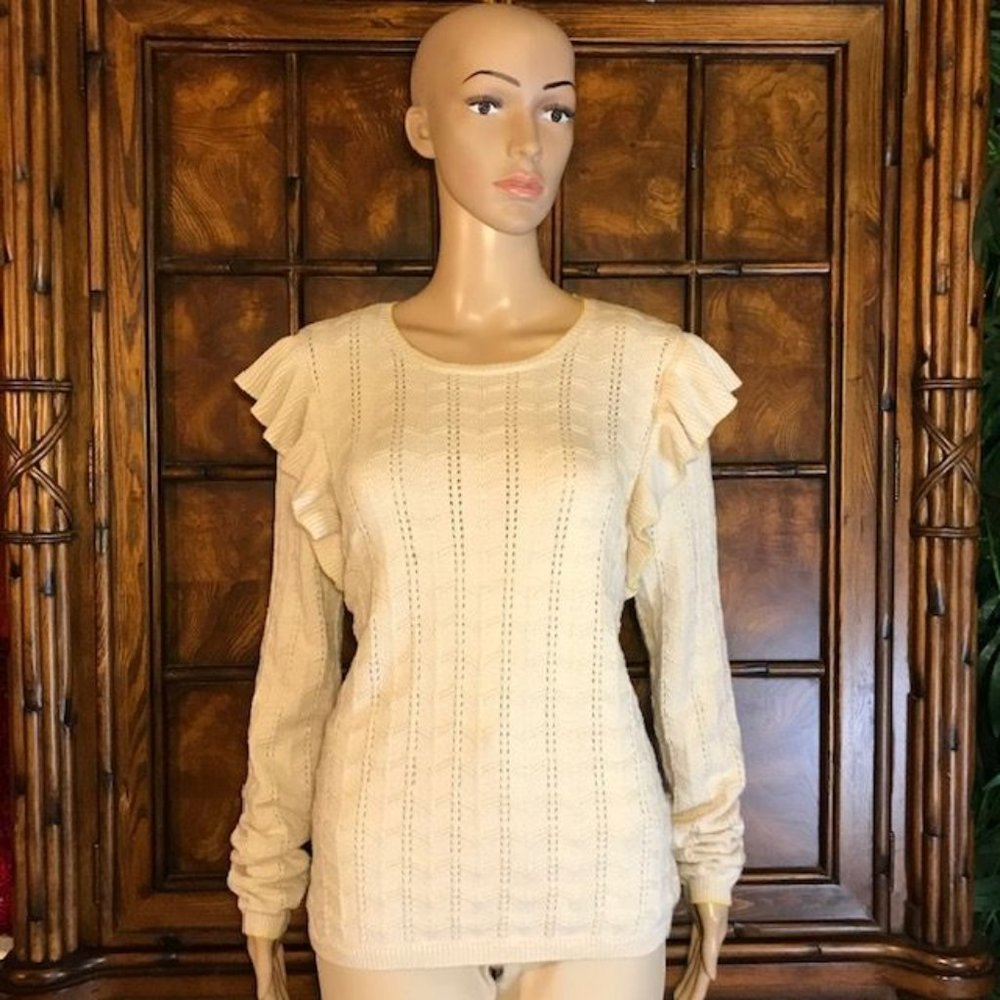 Ann Taylor Pointelle Cotton Blend Yellow Tipped Ruffle Sweater